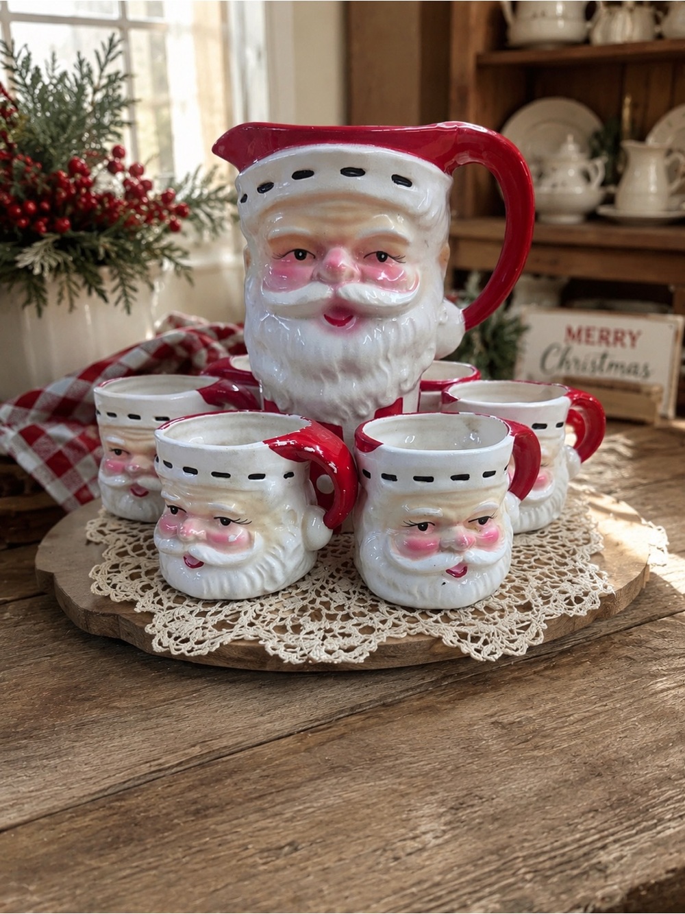 Vintage Napco Holt Howard Japanese Ceramic Santa Pitcher and Cup Set